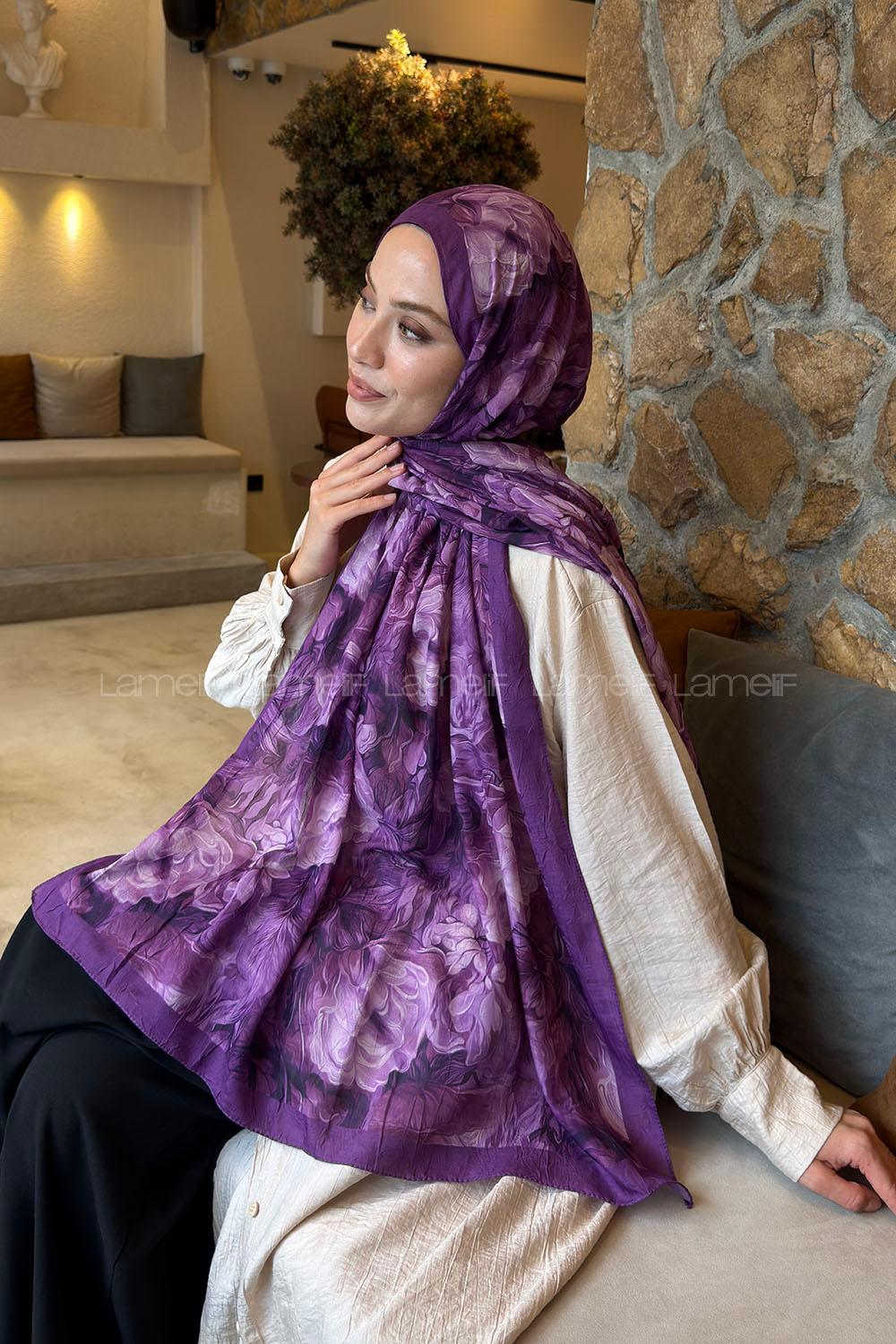 Lamelif Vintage Flower Desen Bambu Şal Mor
