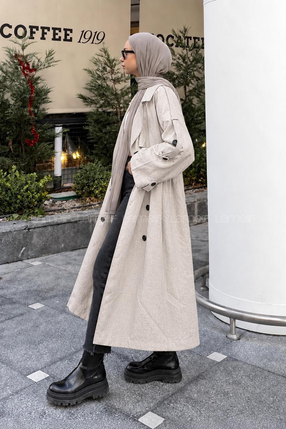 Lamelif Kruvaze Apoletli Oversize Trenç Taş Rengi
