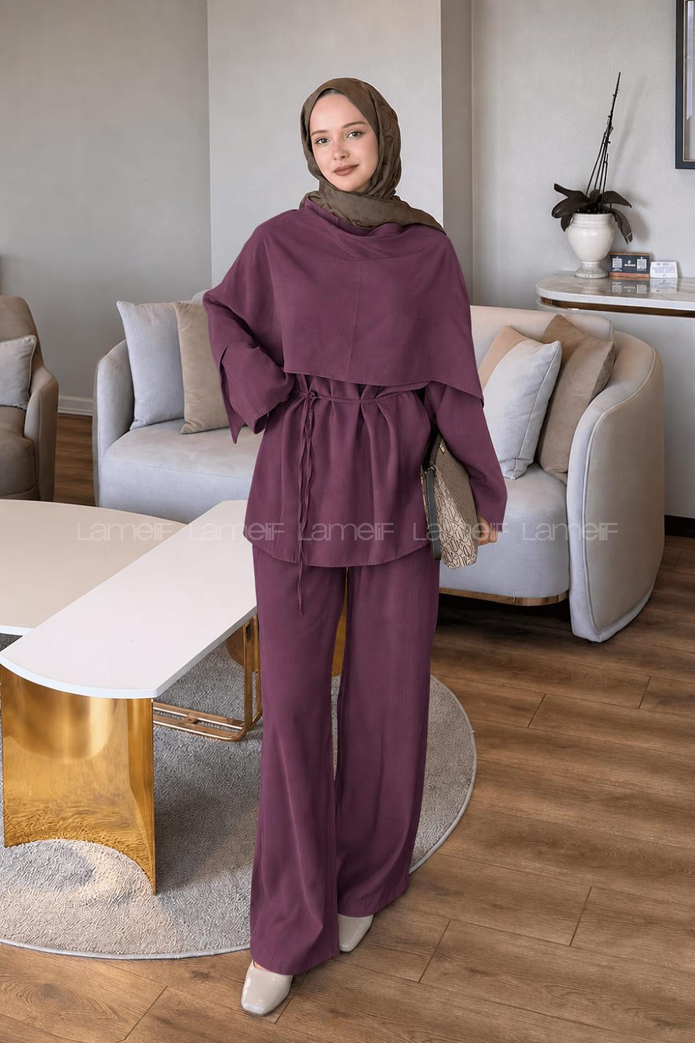 Lamelif Şallı Pantolon Takım Mürdüm