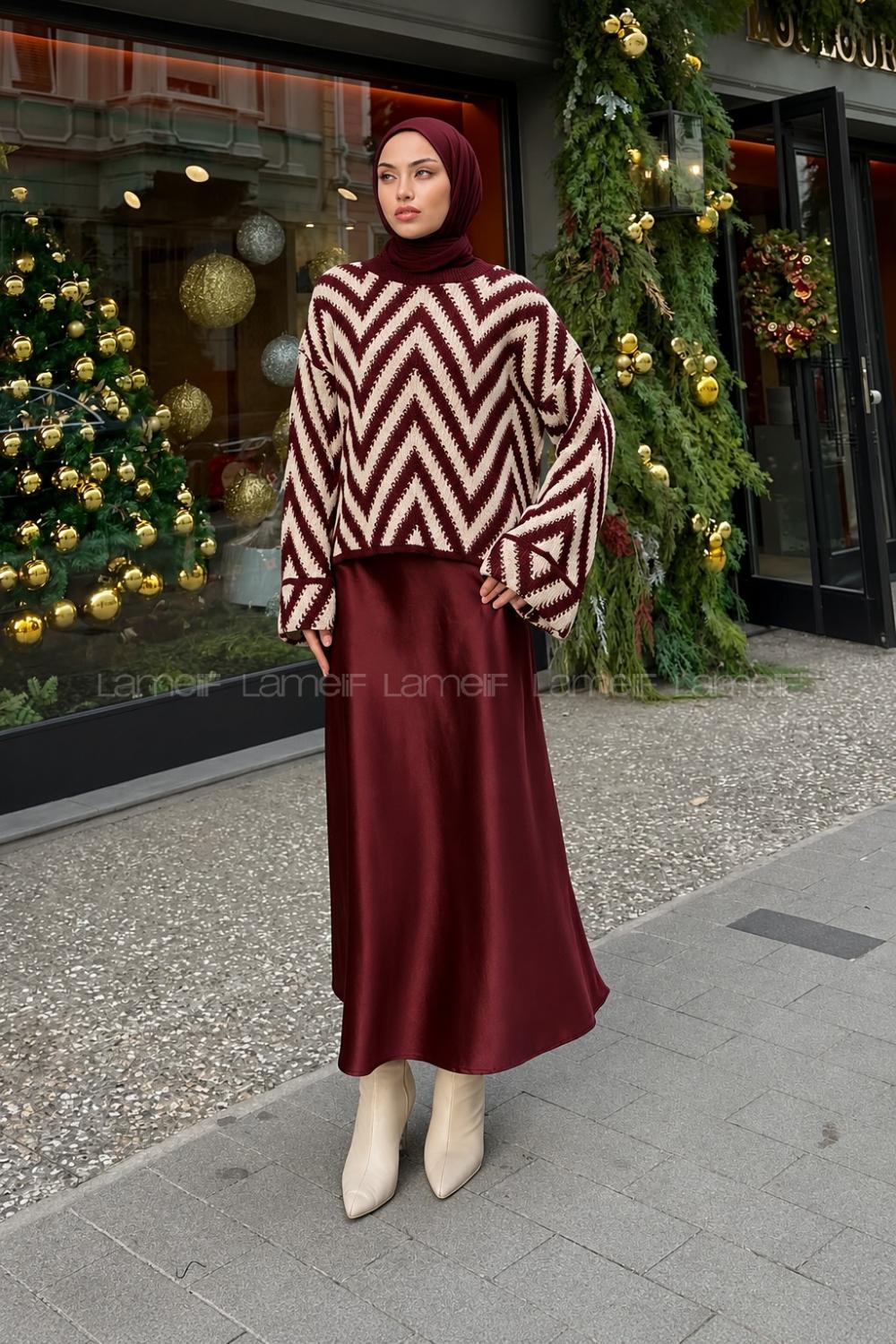 Lamelif Zikzak Desenli Örgü Kazak Bordo