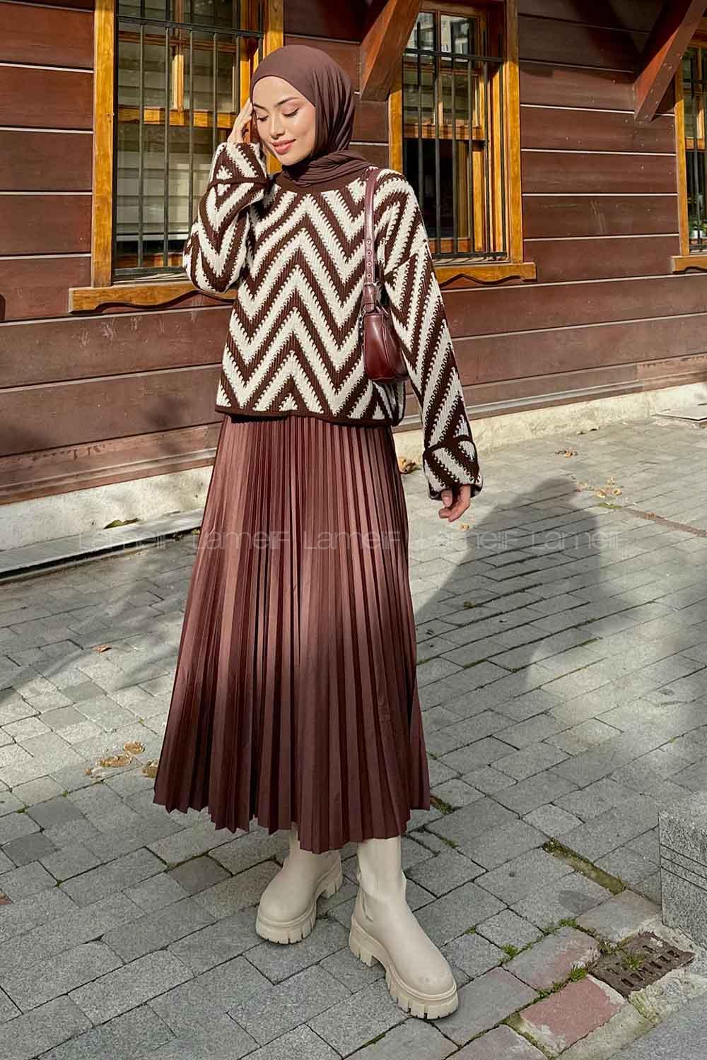 Lamelif Zikzak Desenli Örgü Kazak Kahverengi