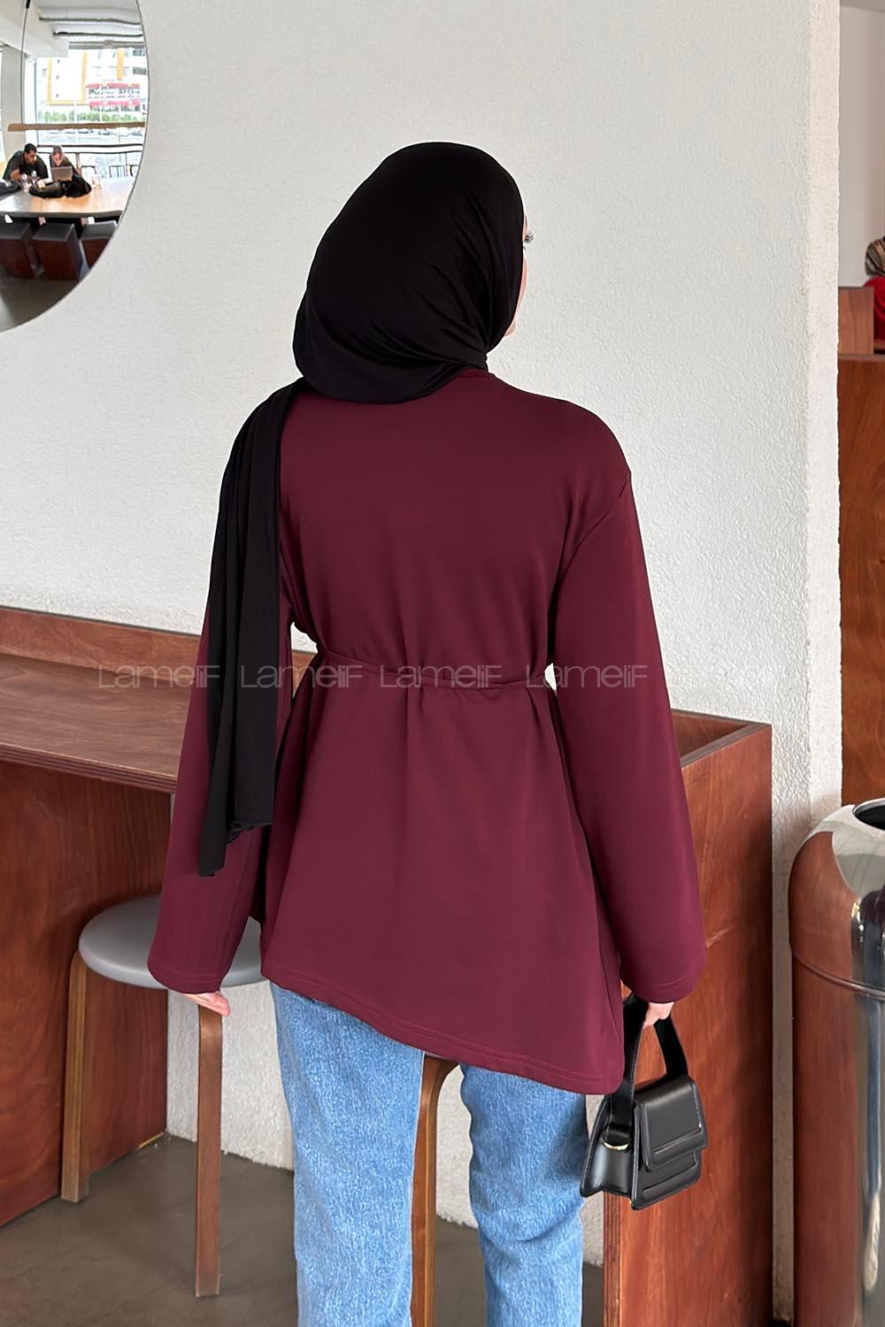 Lamelif Asimetrik Kesim Belden Bağlamalı Tunik Bordo