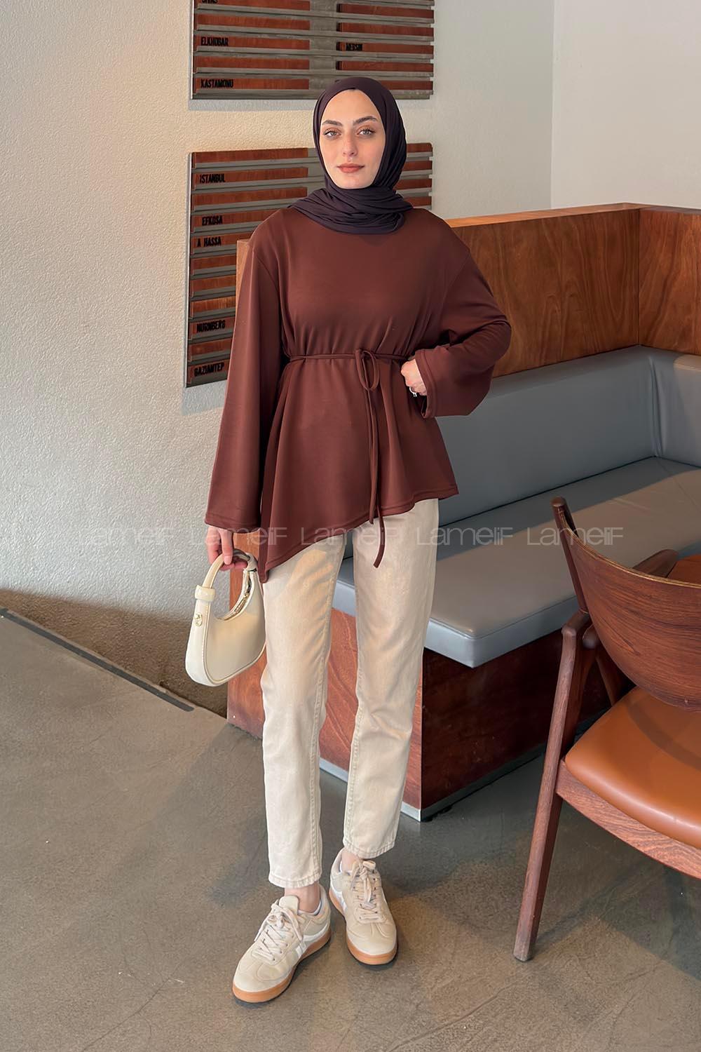 Lamelif Asimetrik Kesim Belden Bağlamalı Tunik Kahverengi