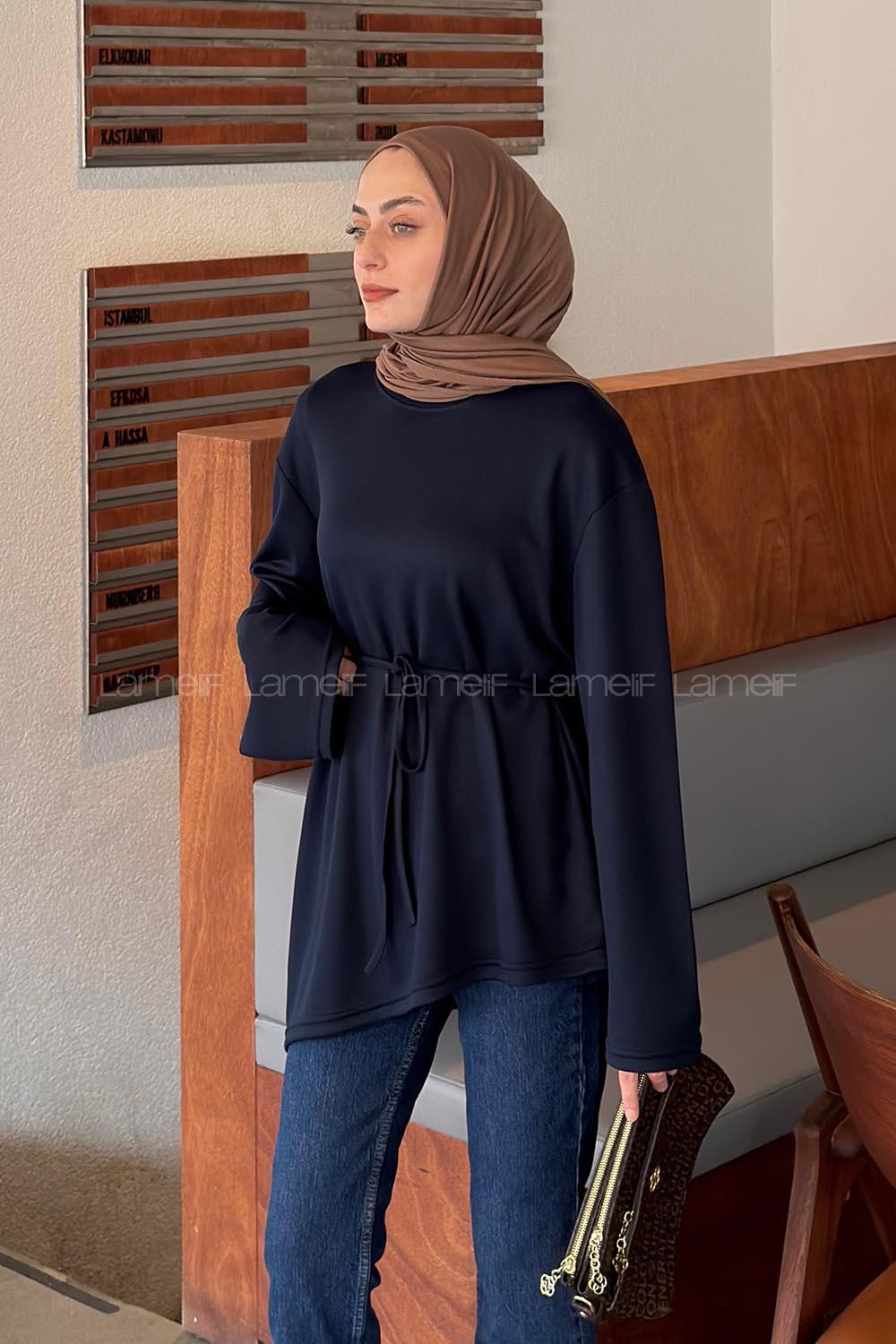 Lamelif Asimetrik Kesim Belden Bağlamalı Tunik Lacivert