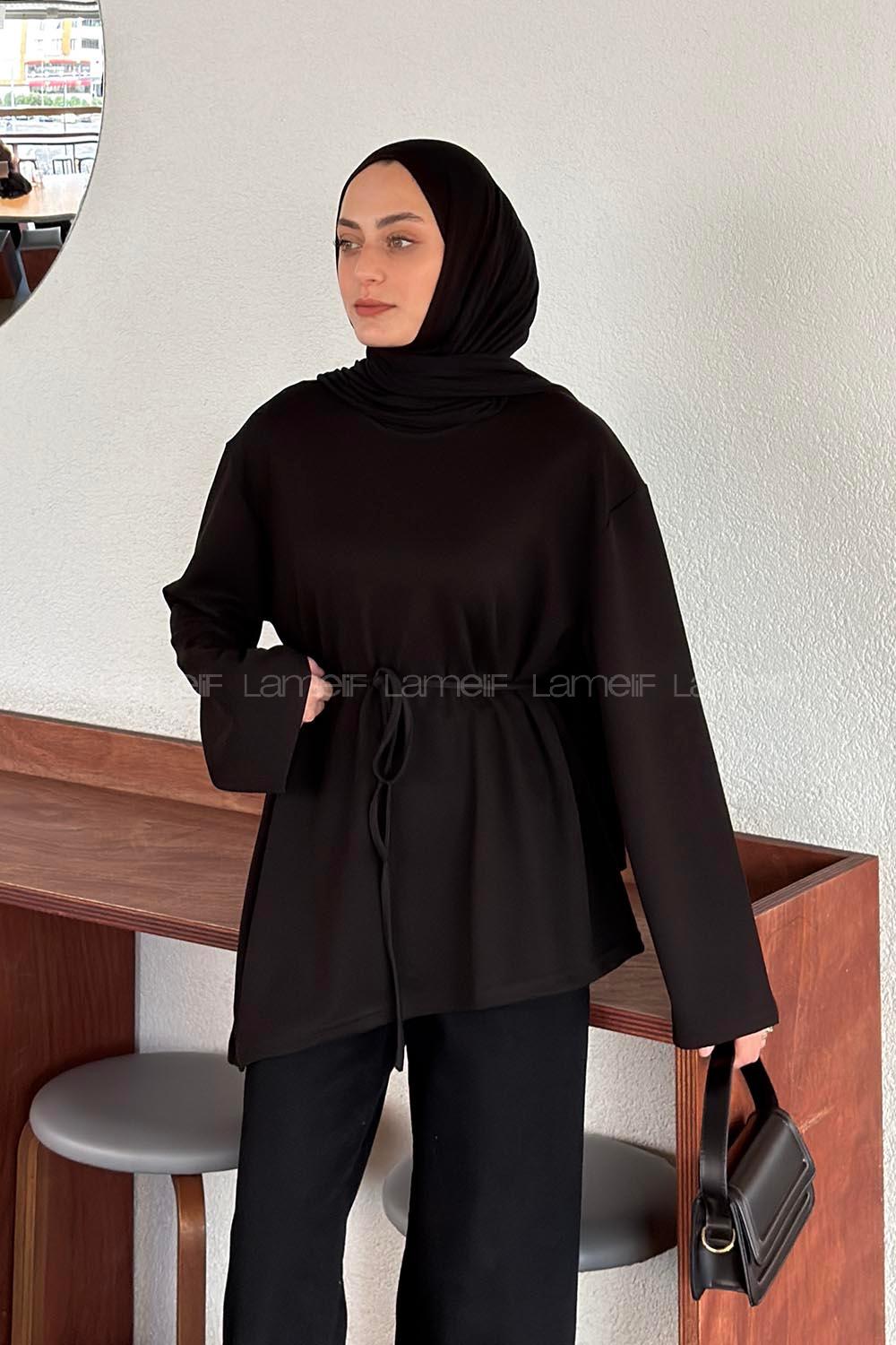 Lamelif Asimetrik Kesim Belden Bağlamalı Tunik Siyah