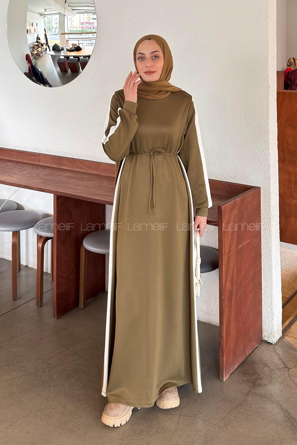 Lamelif Bağlamalı Modal Kumaş Elbise Haki
