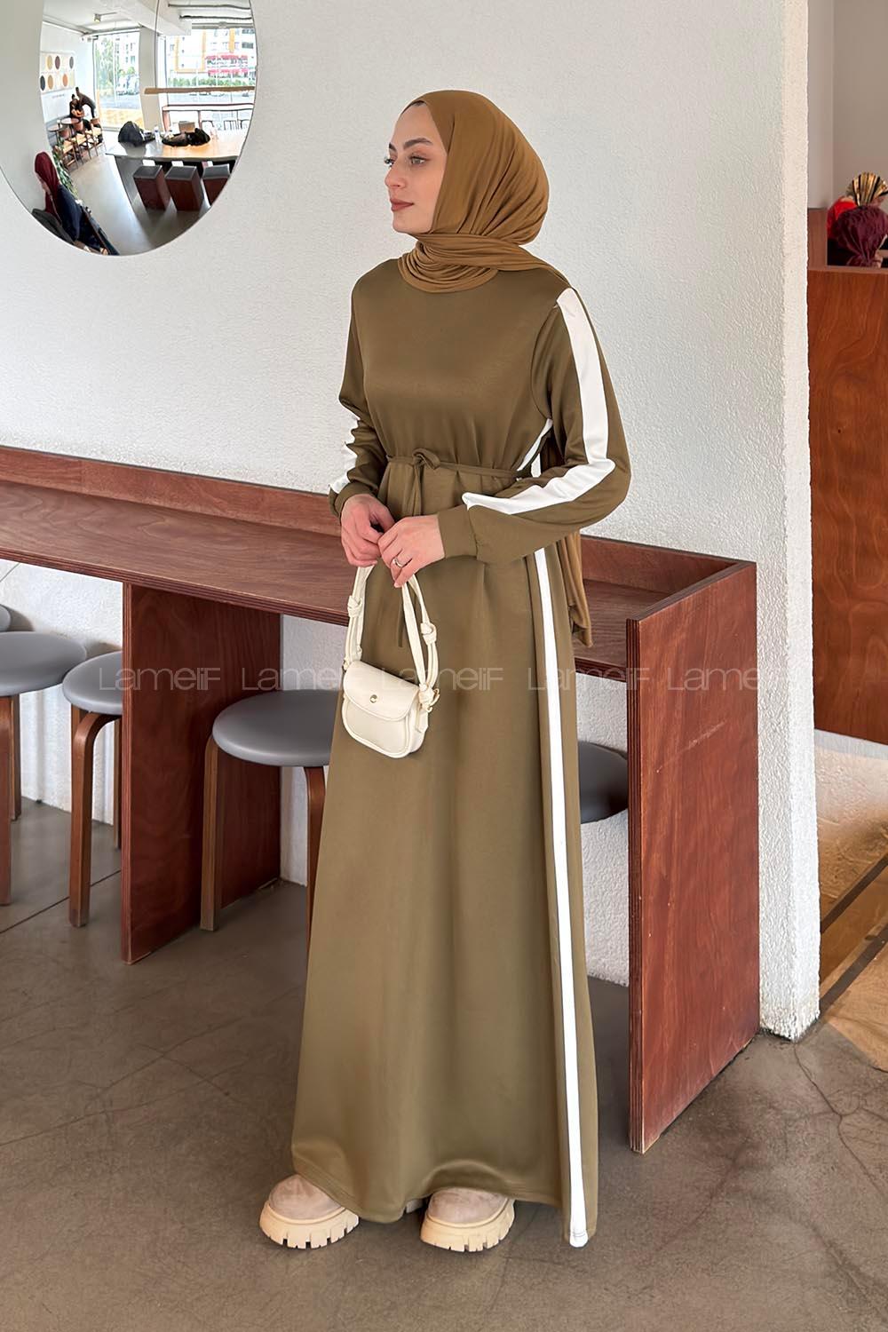 Lamelif Bağlamalı Modal Kumaş Elbise Haki