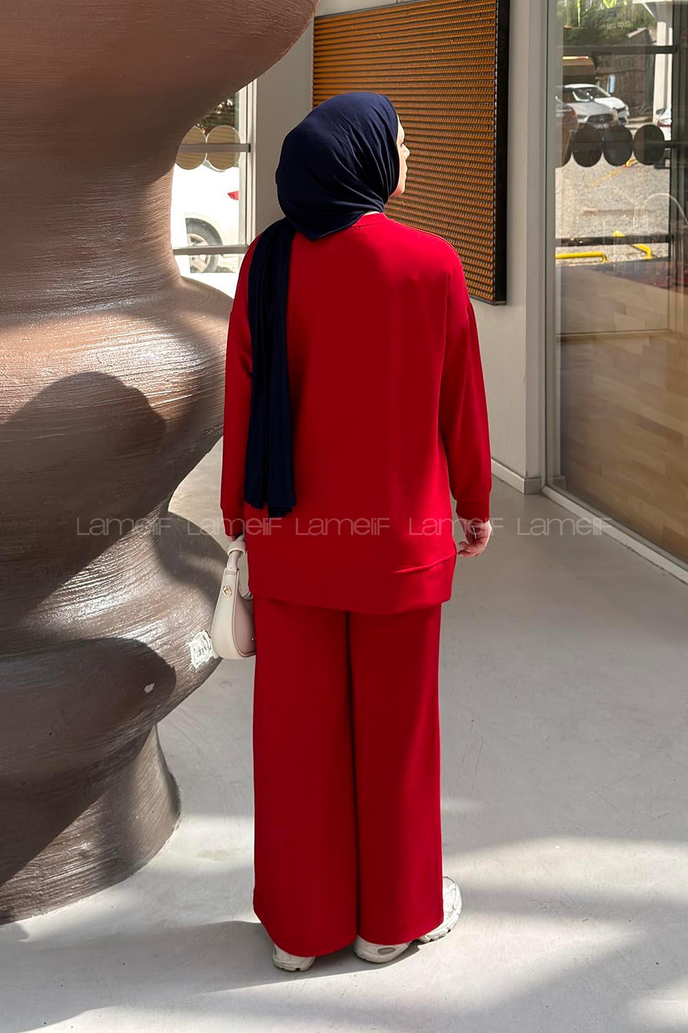 Red Crew Neck Long Arm Without Accessories Regular Trousers Suit