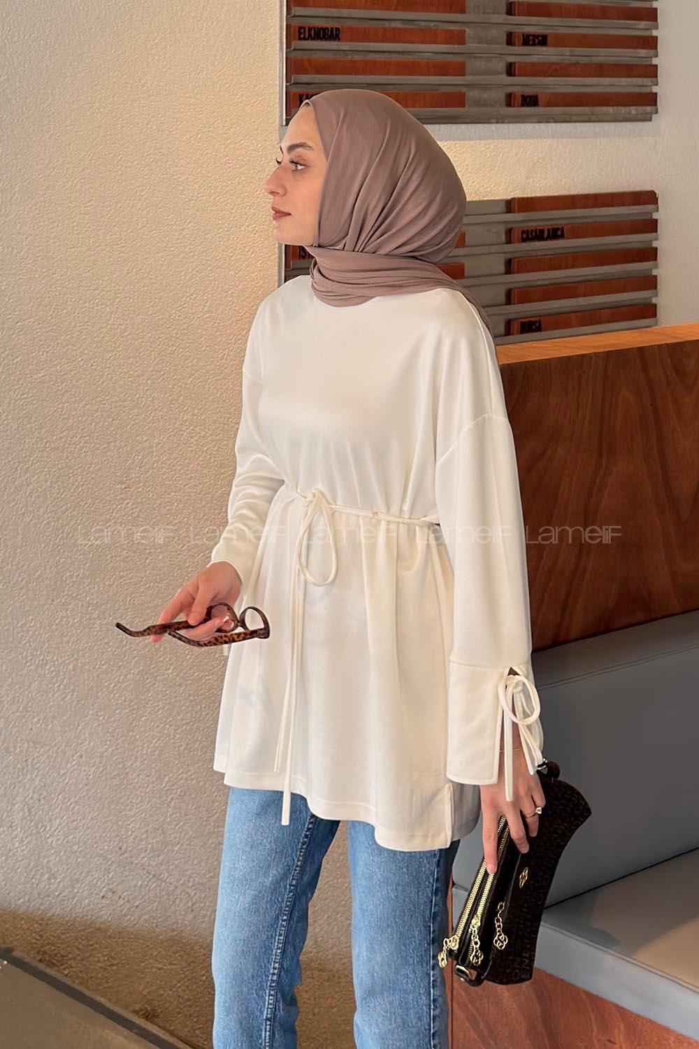 Lamelif Bel Bağlama Detaylı Kol Bağlamalı Tunik Beyaz