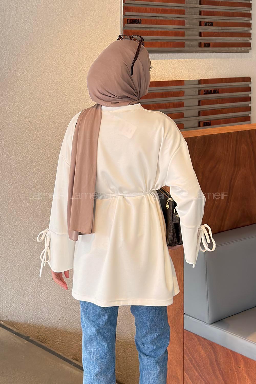 Lamelif Bel Bağlama Detaylı Kol Bağlamalı Tunik Beyaz