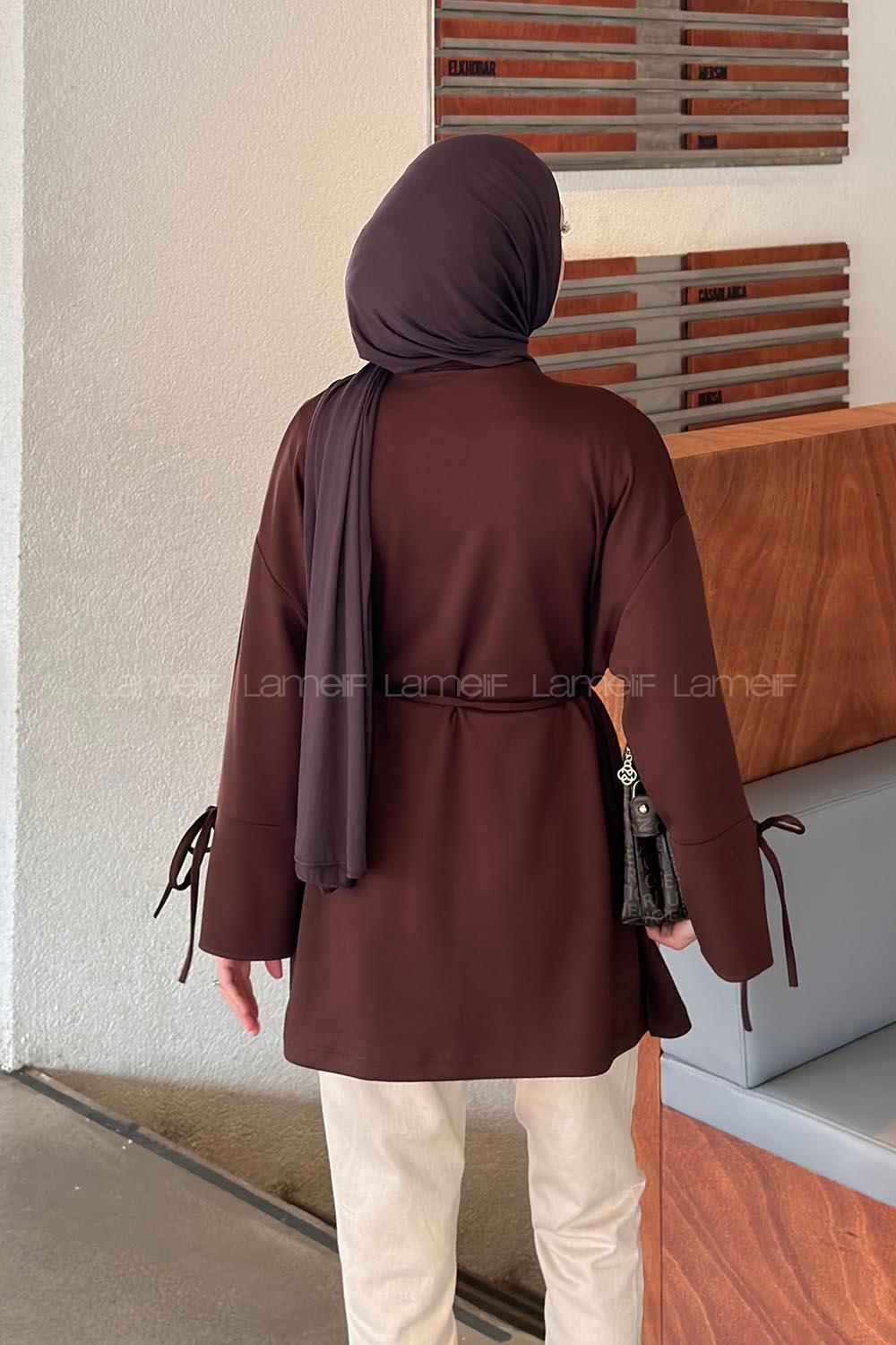 Lamelif Bel Bağlama Detaylı Kol Bağlamalı Tunik Kahverengi