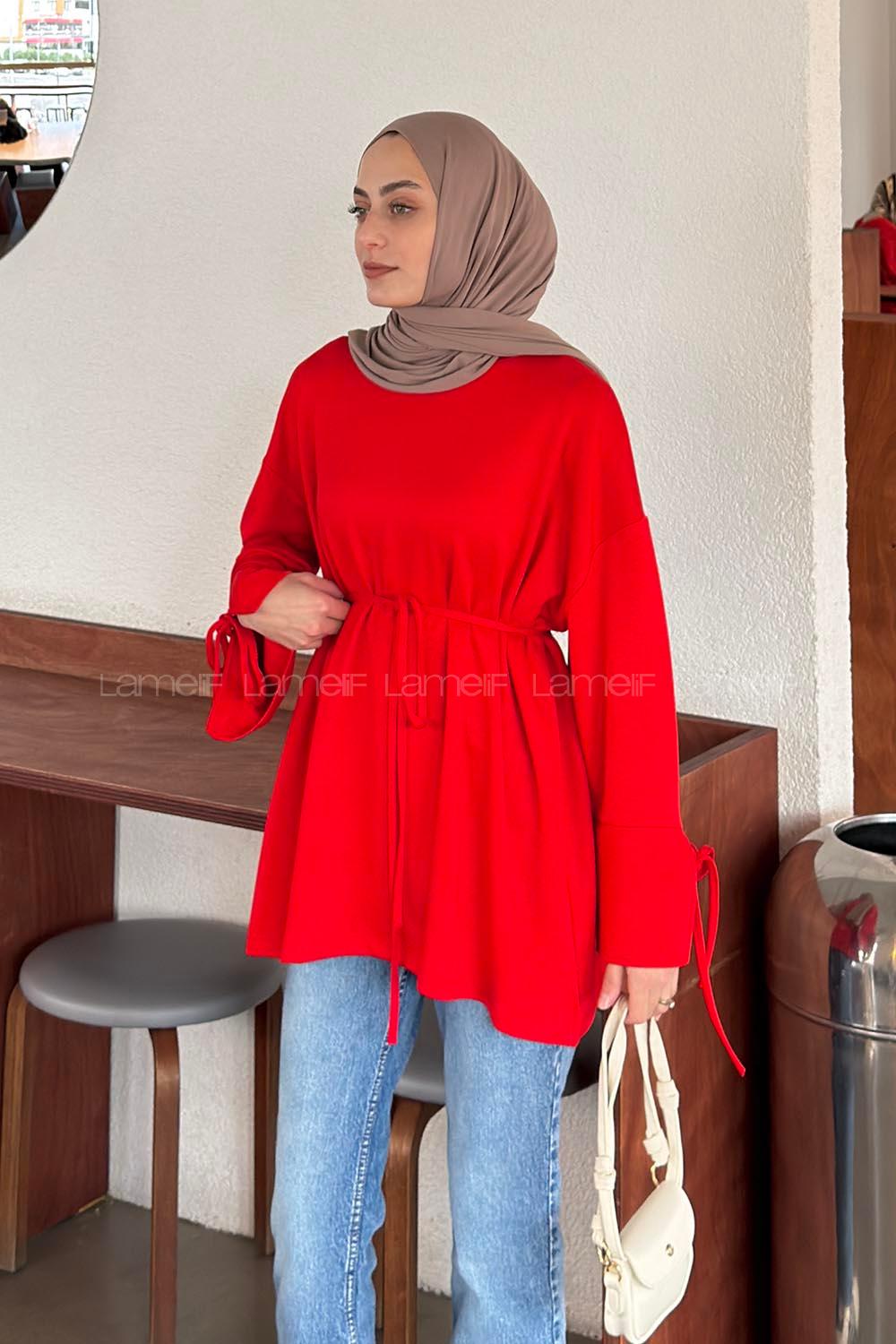 Lamelif Bel Bağlama Detaylı Kol Bağlamalı Tunik Kırmızı