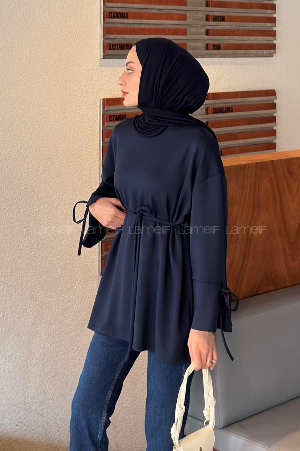 Lamelif Bel Bağlama Detaylı Kol Bağlamalı Tunik Lacivert