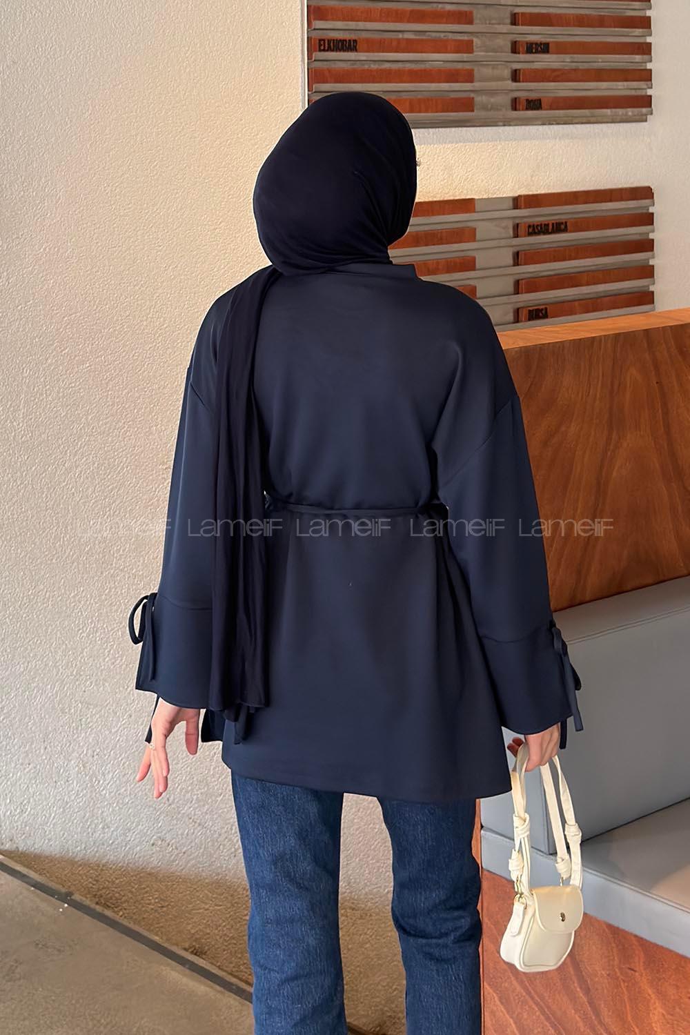 Lamelif Bel Bağlama Detaylı Kol Bağlamalı Tunik Lacivert