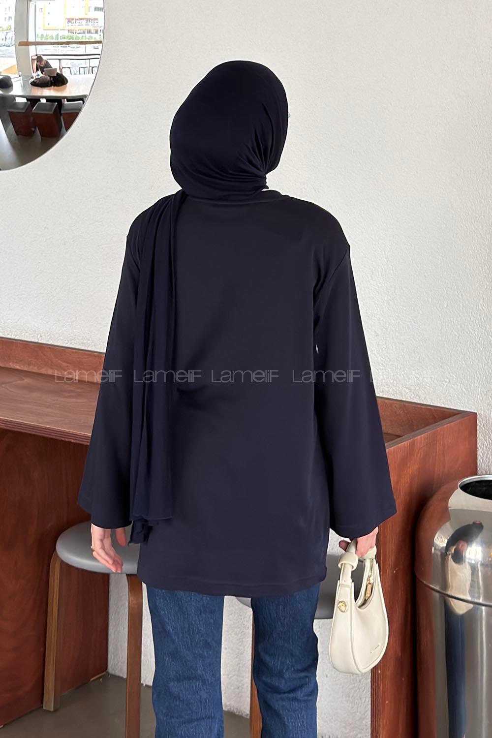 Navy Blue Crew Neck Long Arm Without Accessories Unprinted Blouse