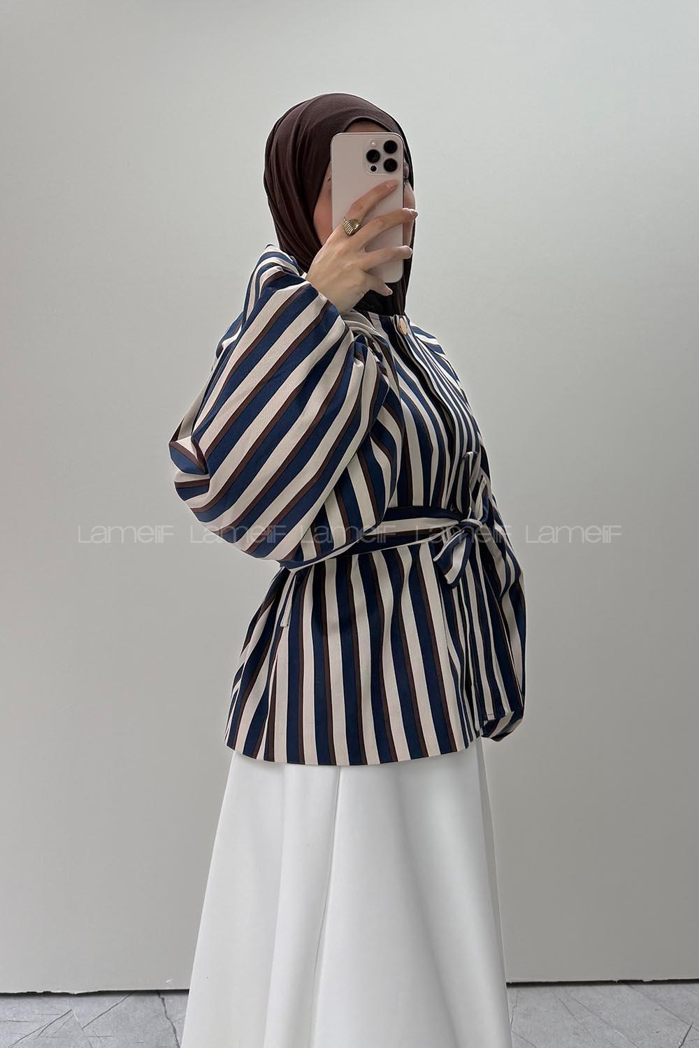 Lamelif Çizgi Detaylı Bağlamalı Ceket Lacivert