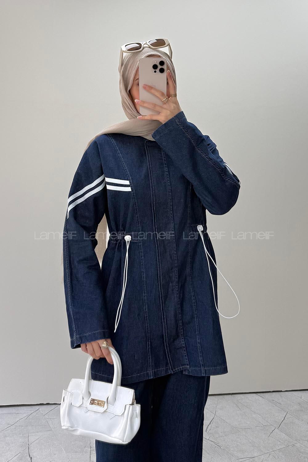 Lamelif Çizgi Detaylı Kot İkili Takım Lacivert