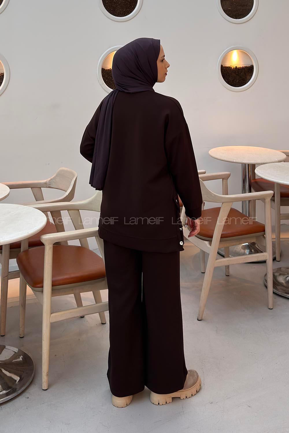 Lamelif Etek Ucu Çıt Çıt Kapamalı İkili Takım Kahverengi