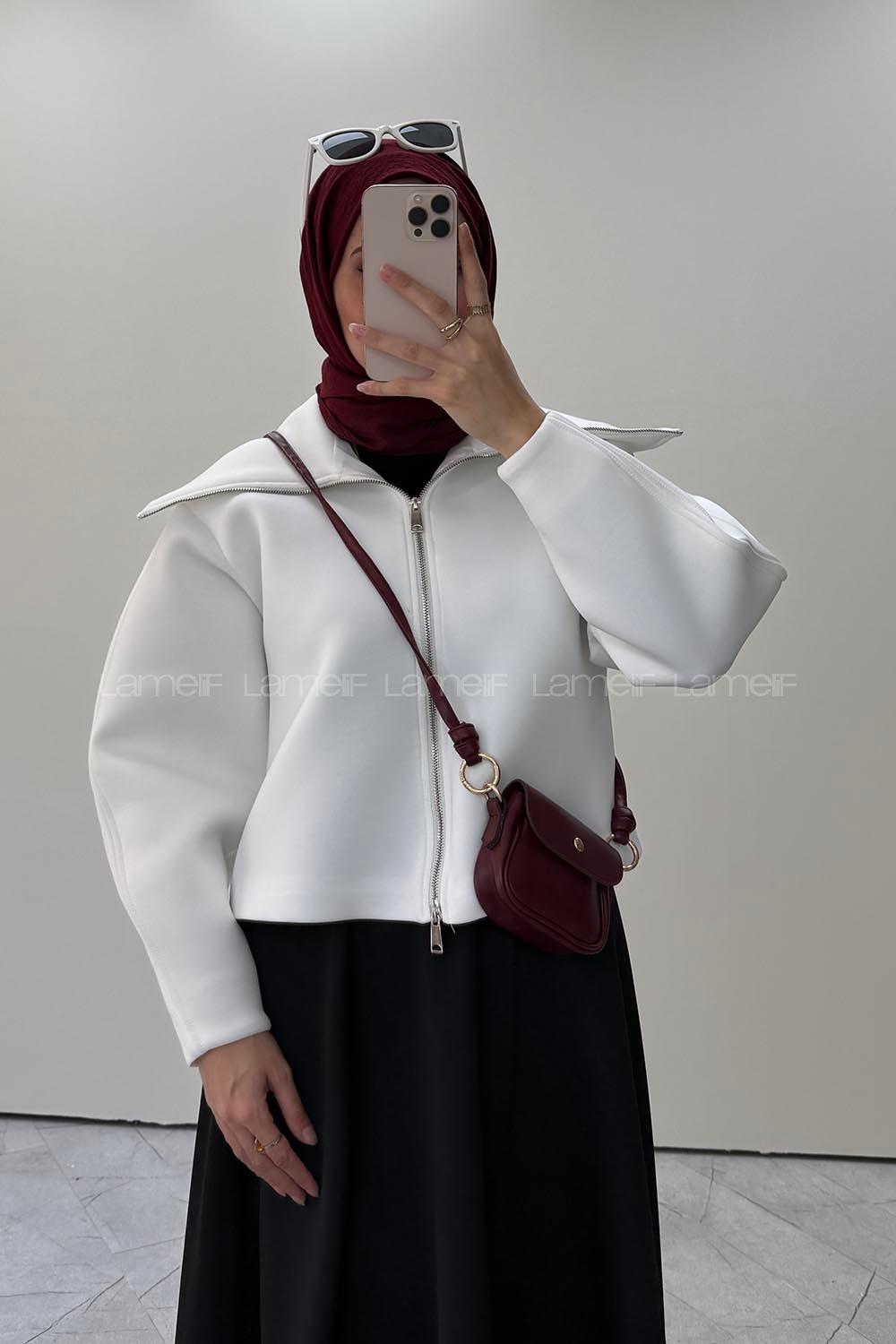 Lamelif Fermuarlı Scuba Ceket Beyaz