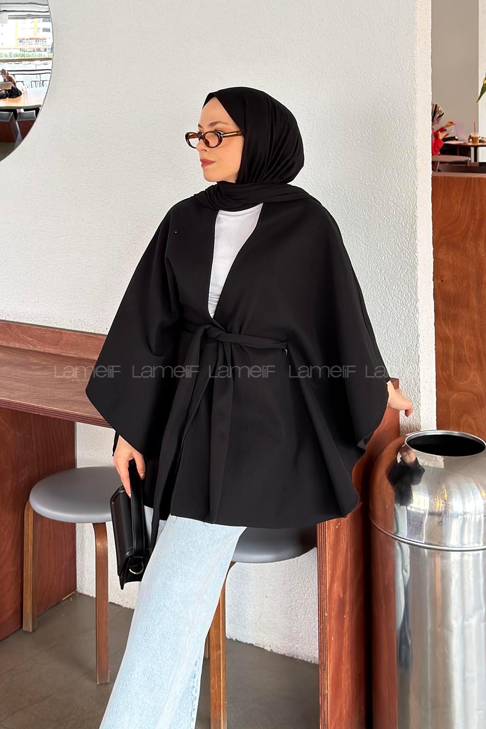 Lamelif Kemerli Kaşe Panço Siyah