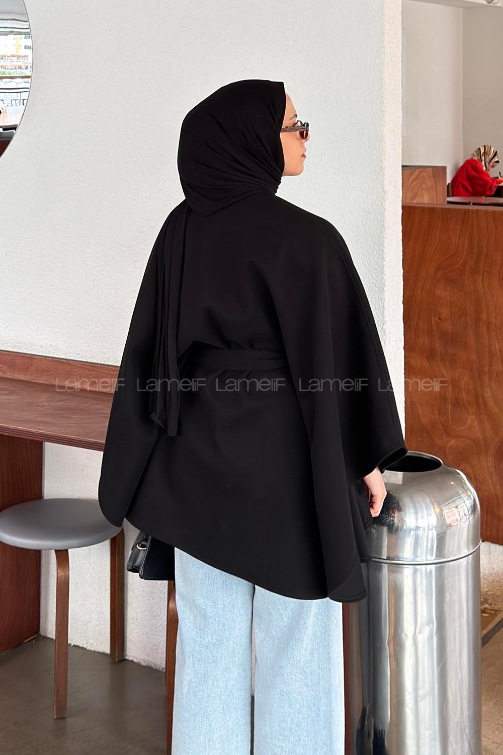 Lamelif Kemerli Kaşe Panço Siyah