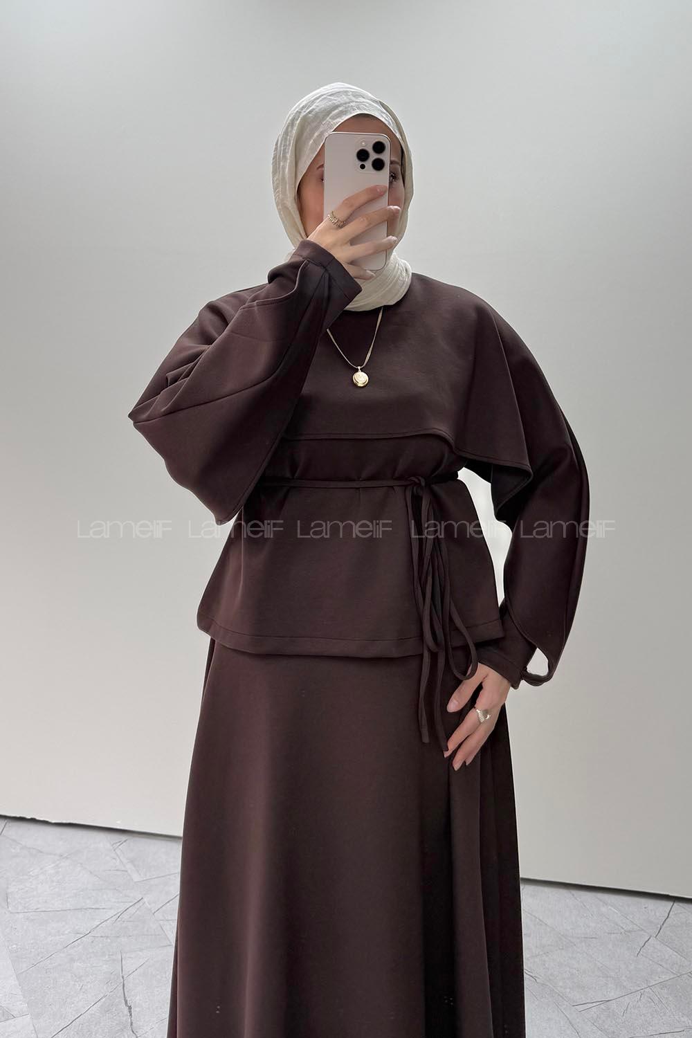 Lamelif Şal Detaylı Etekli Örme Takım Acı Kahve