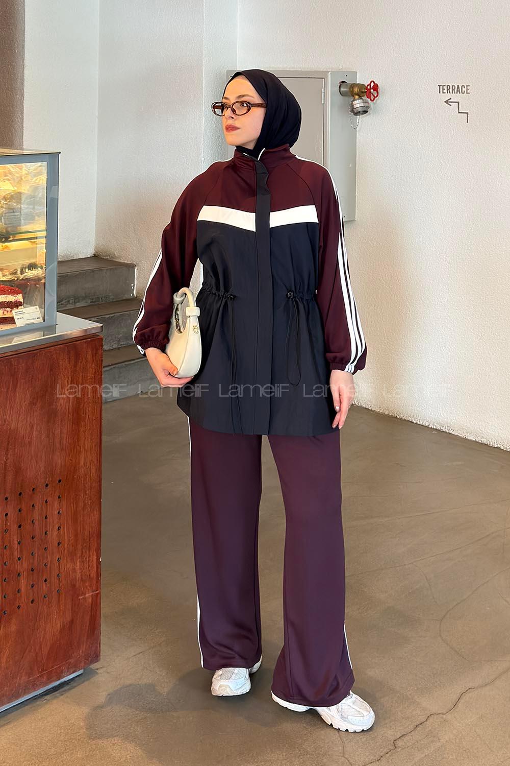 Lamelif Şerit Detaylı Spor İkili Takım Bordo