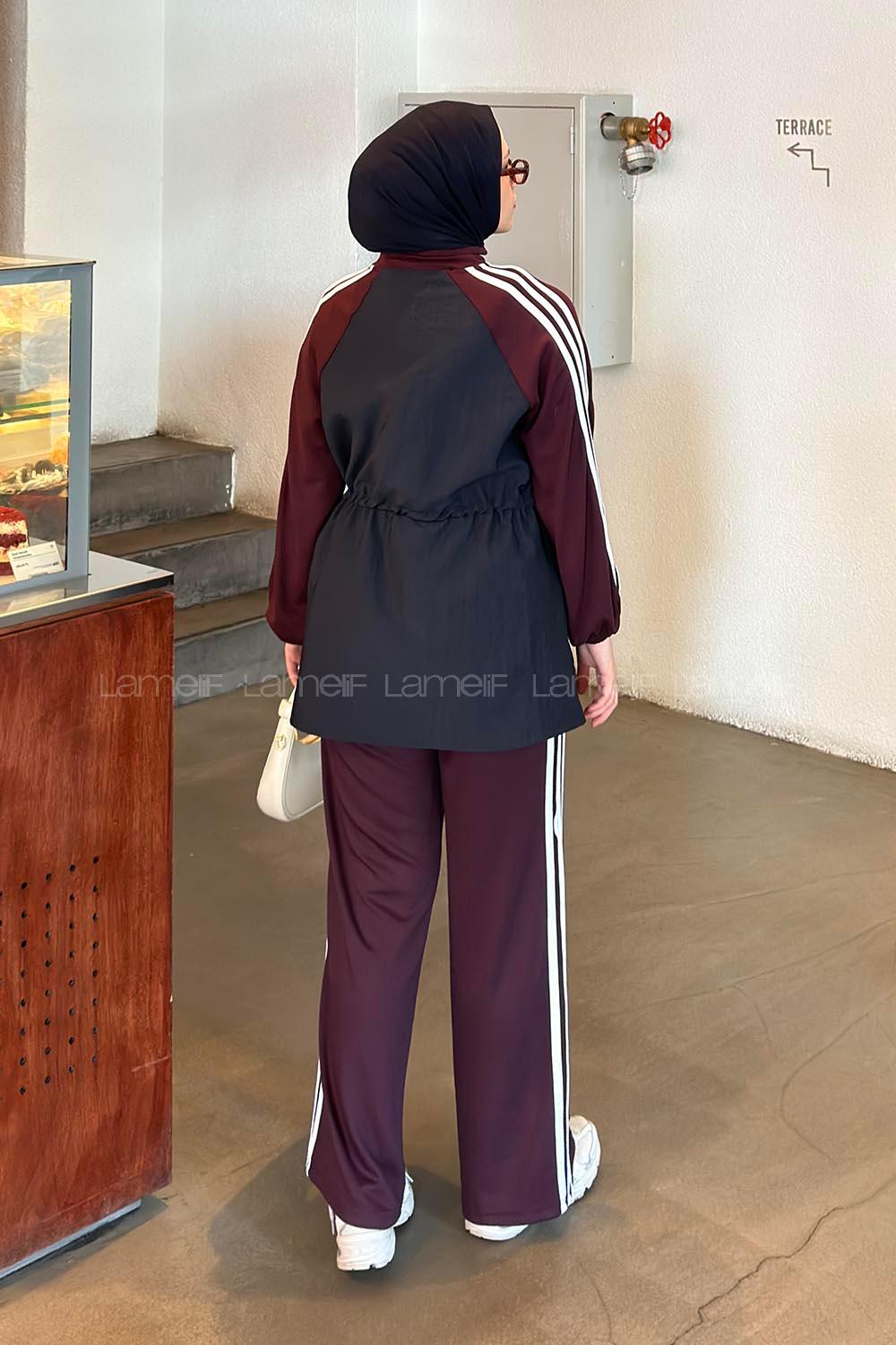 Lamelif Şerit Detaylı Spor İkili Takım Bordo