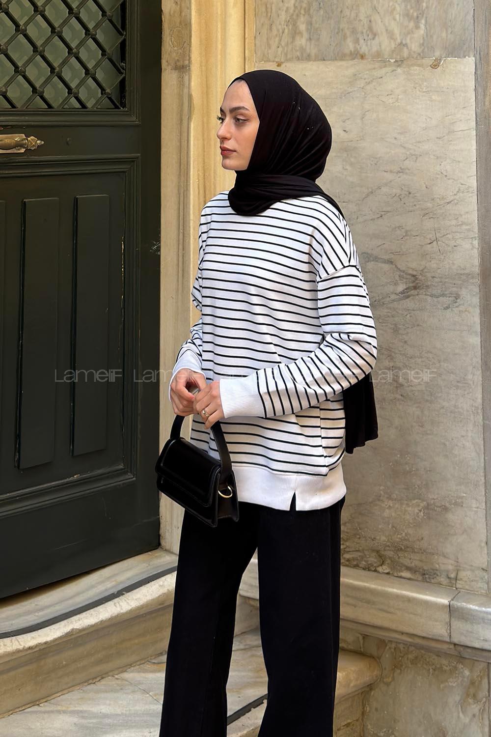 Lamelif Bisiklet Yaka Çizgili Sweatshırt Siyah