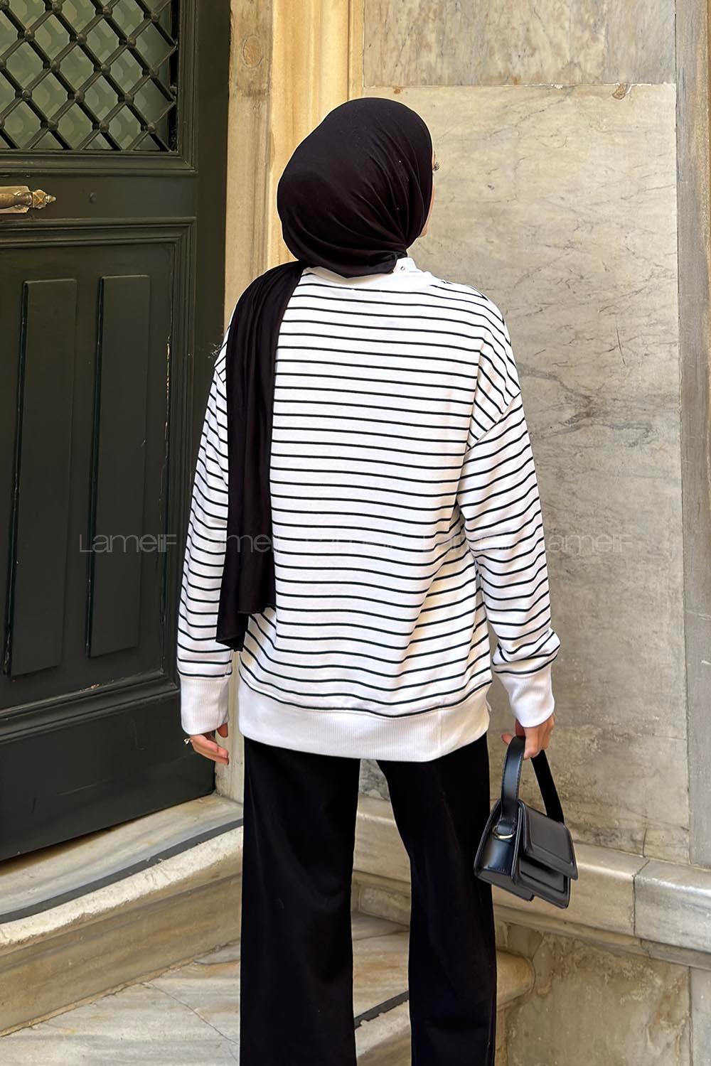 Lamelif Bisiklet Yaka Çizgili Sweatshırt Siyah