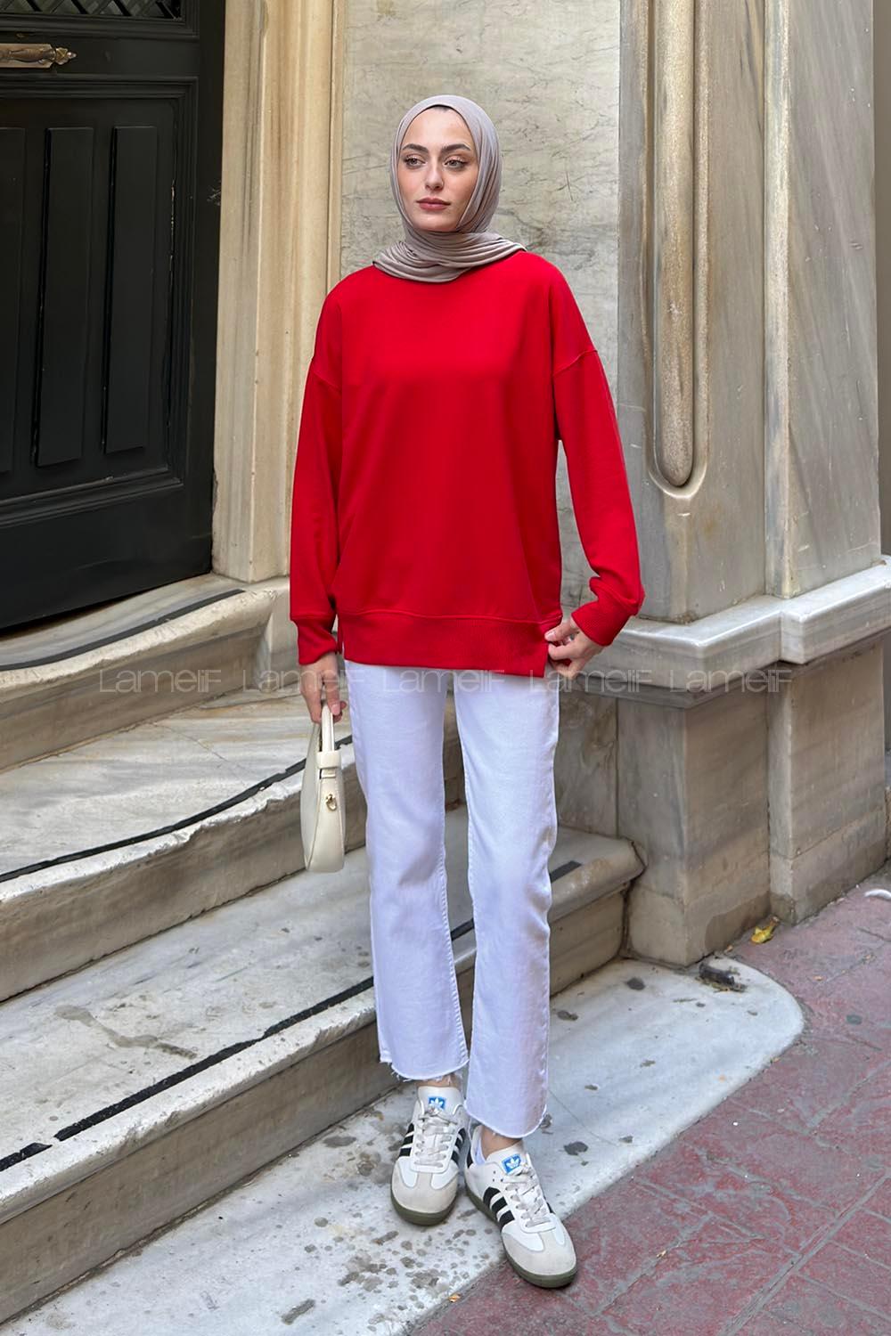 Lamelif Bisiklet Yaka Sweatshırt Kırmızı