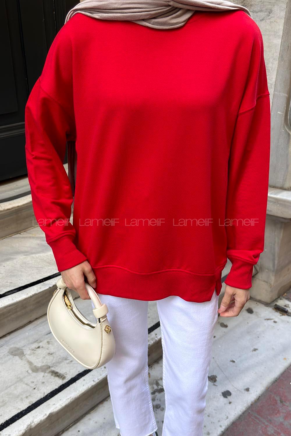 Lamelif Bisiklet Yaka Sweatshırt Kırmızı