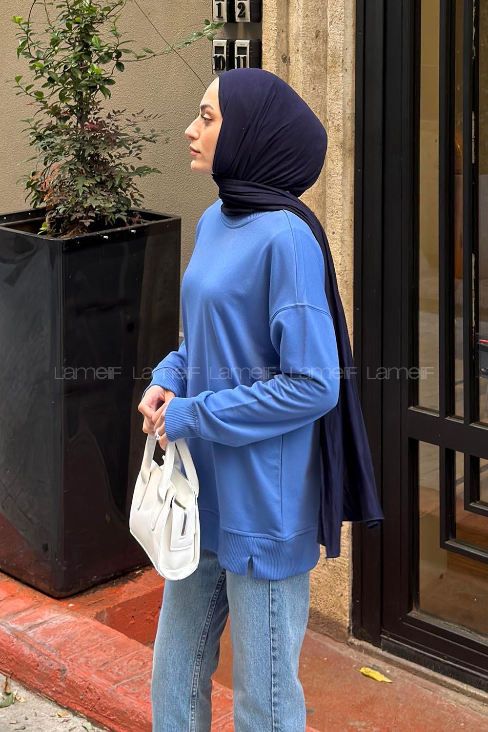 Lamelif Bisiklet Yaka Sweatshırt Mavi