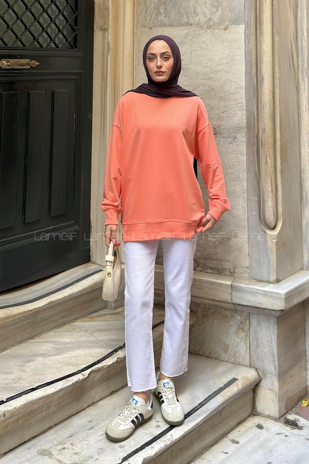 Lamelif Bisiklet Yaka Sweatshırt Oranj