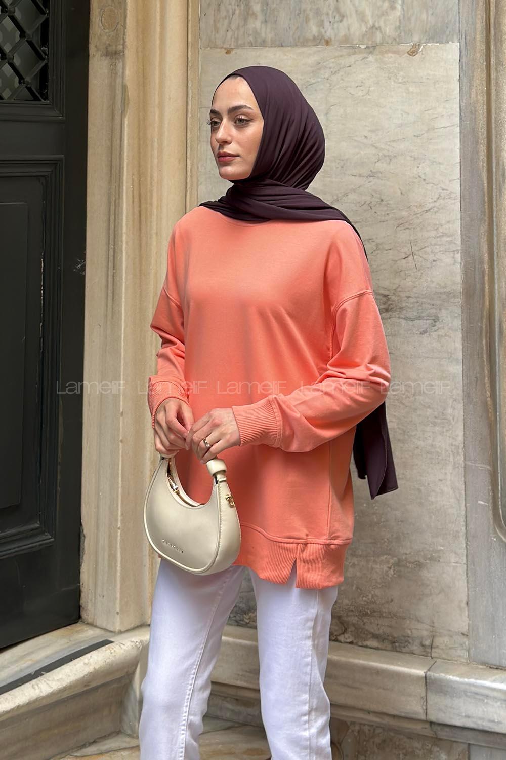 Lamelif Bisiklet Yaka Sweatshırt Oranj