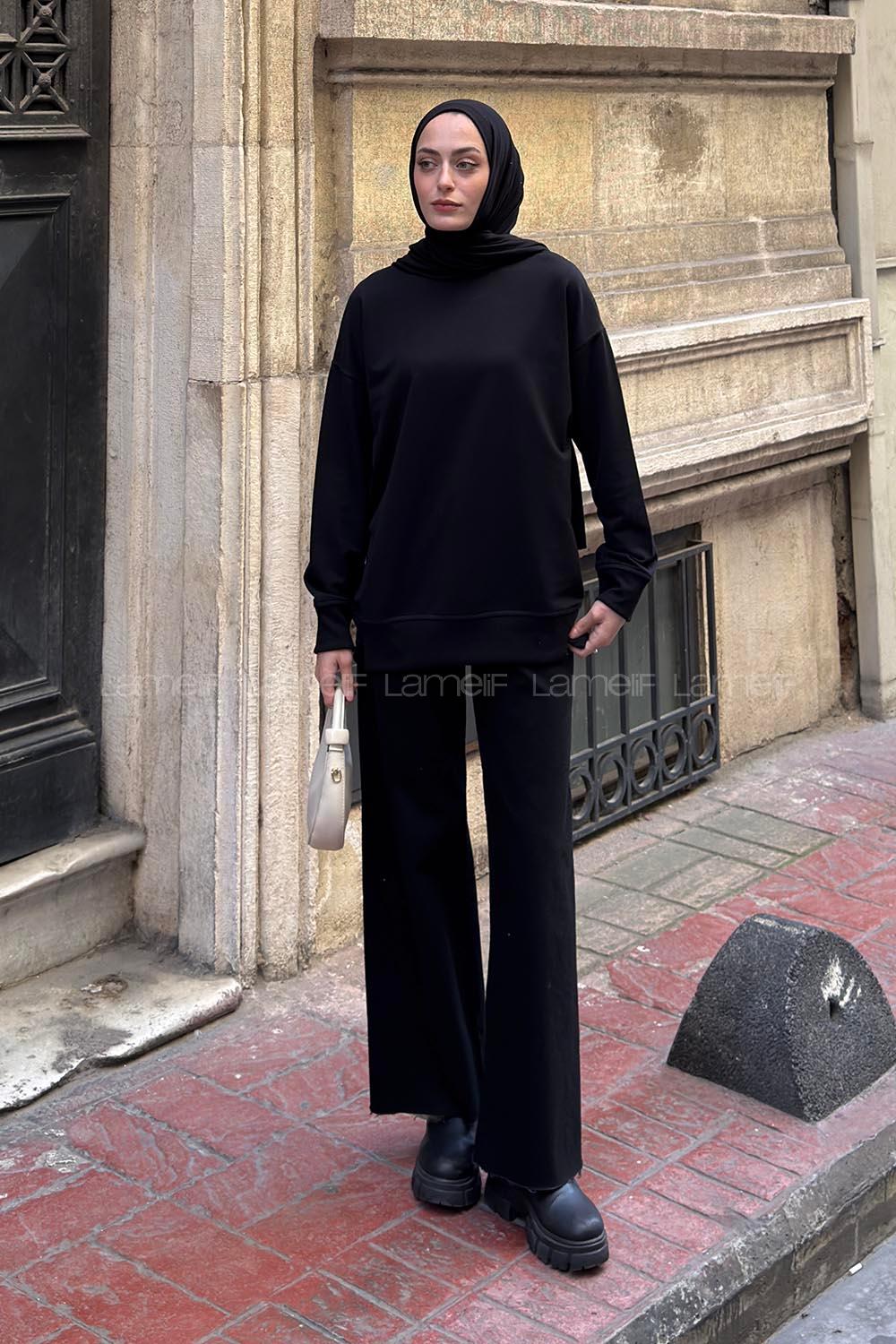 Lamelif Bisiklet Yaka Sweatshırt Siyah