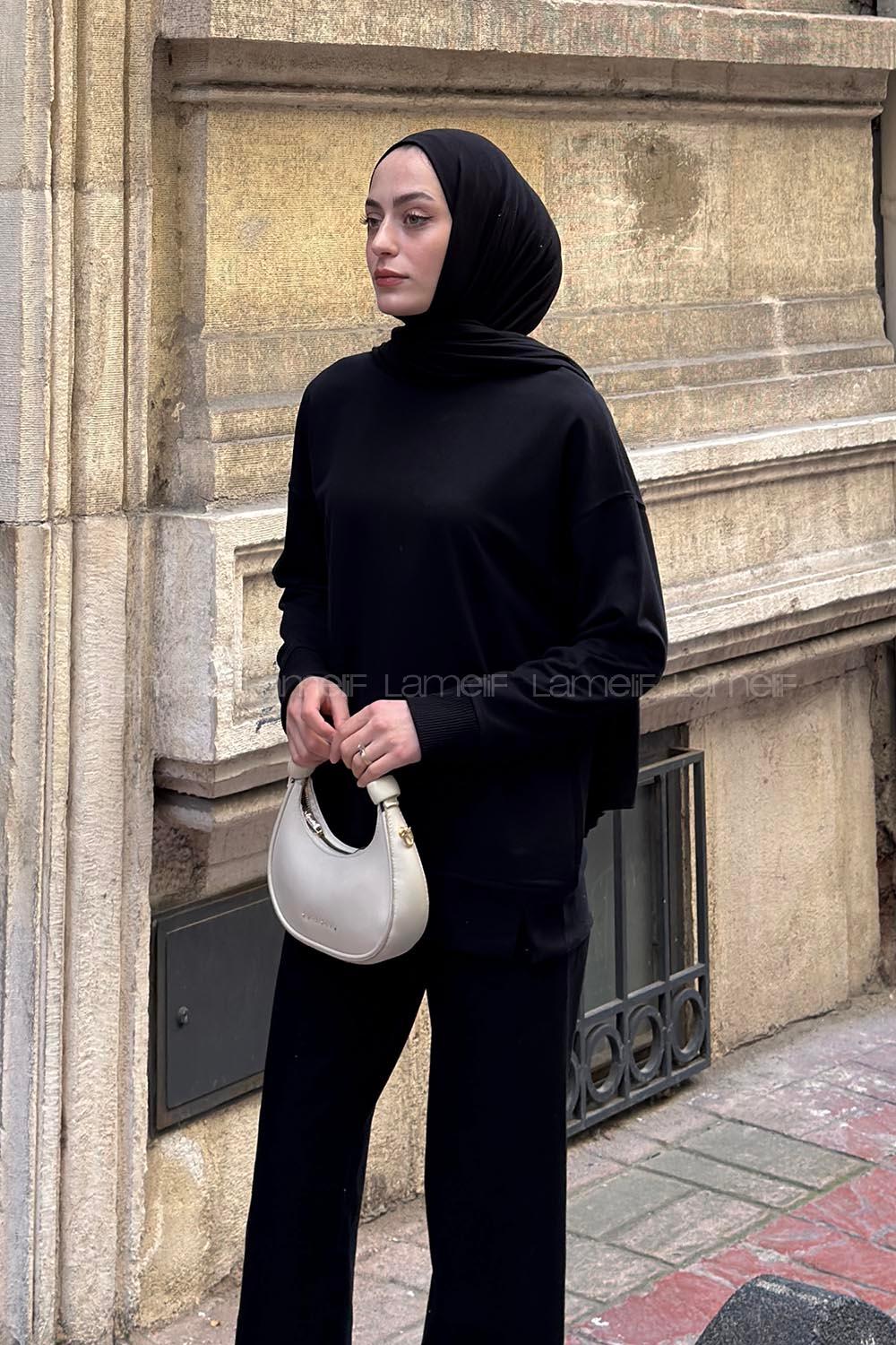 Lamelif Bisiklet Yaka Sweatshırt Siyah