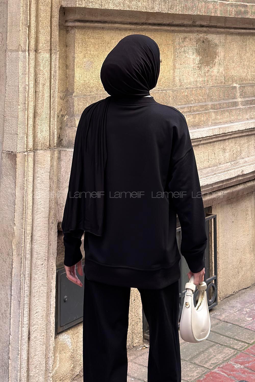 Lamelif Bisiklet Yaka Sweatshırt Siyah