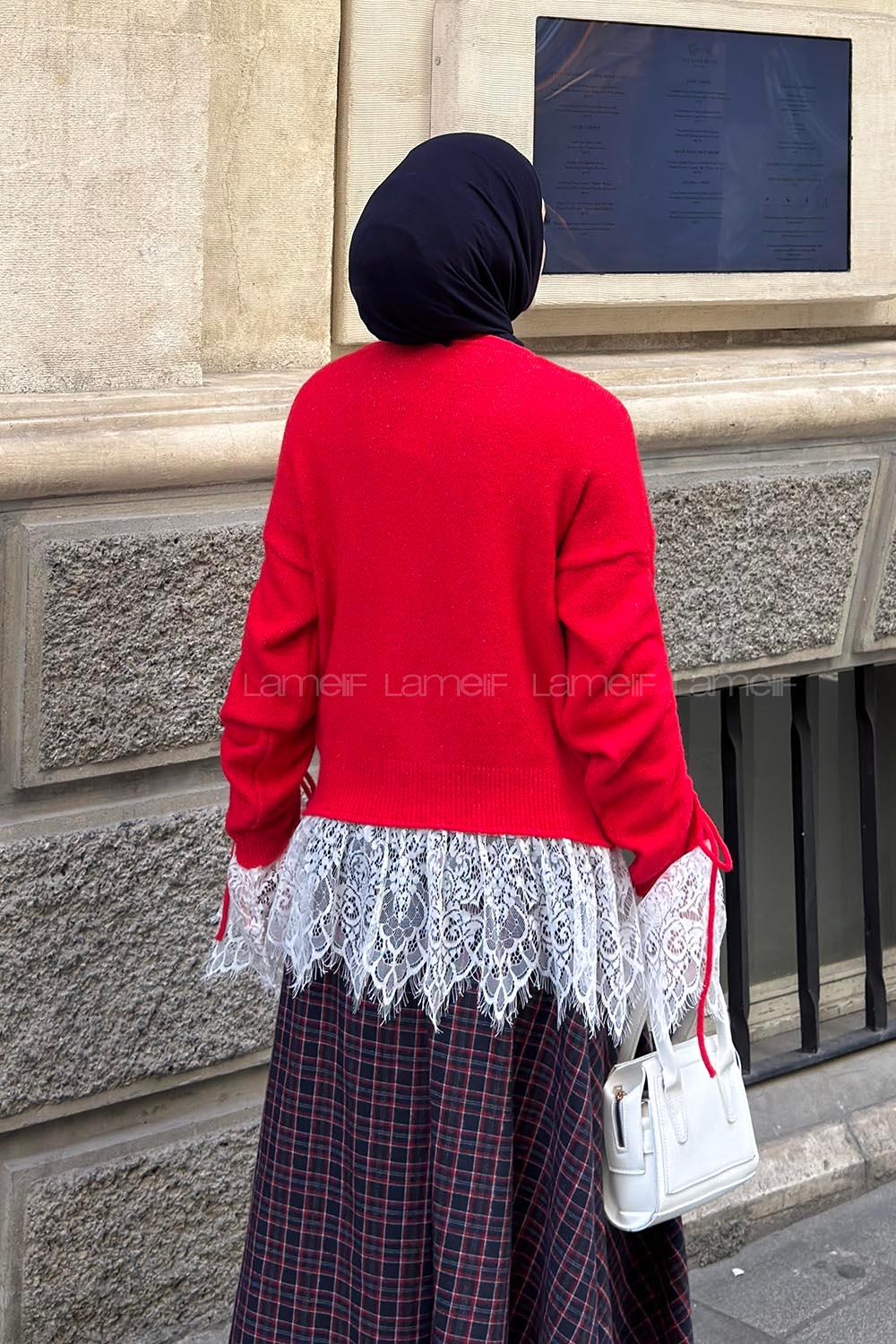 Red V Neck Long Arm Cardigan