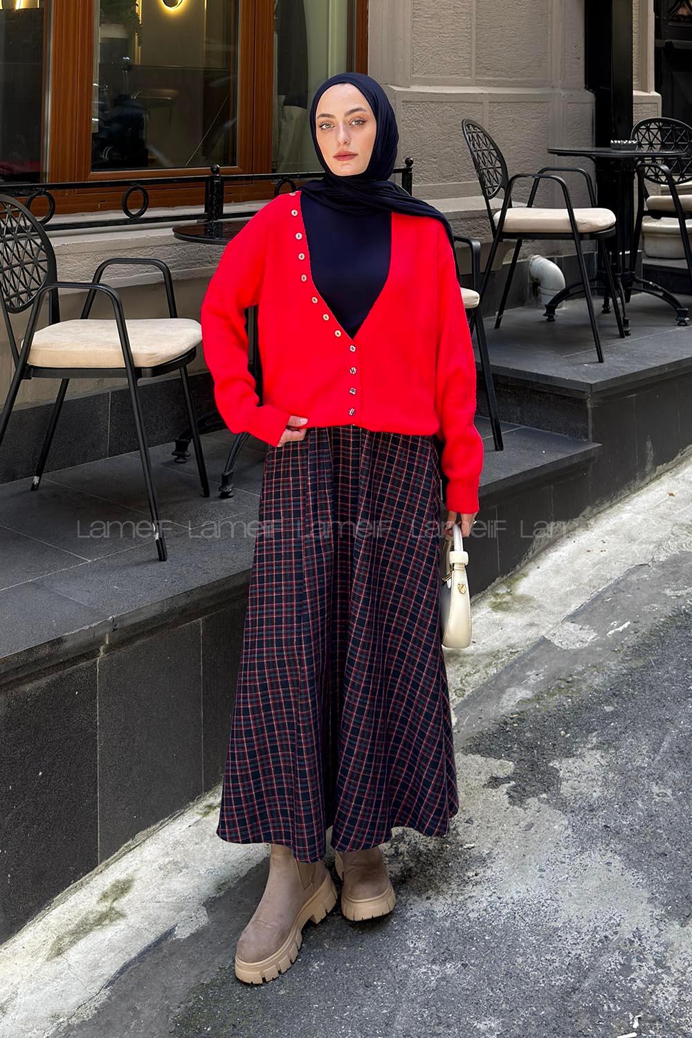Red V Neck Long Arm Cardigan