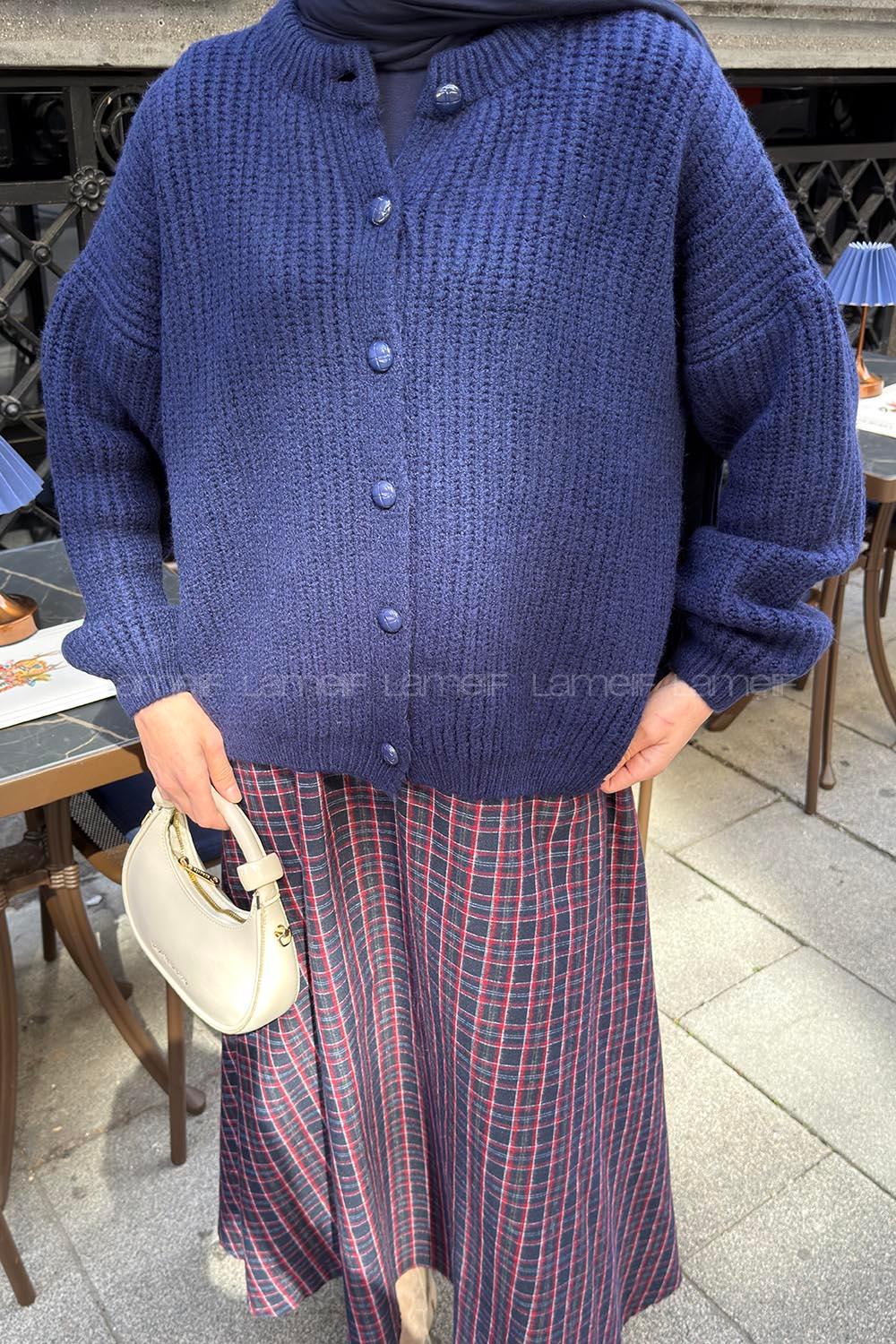 Navy Blue Crew Neck Long Arm Knitwear Cardigan
