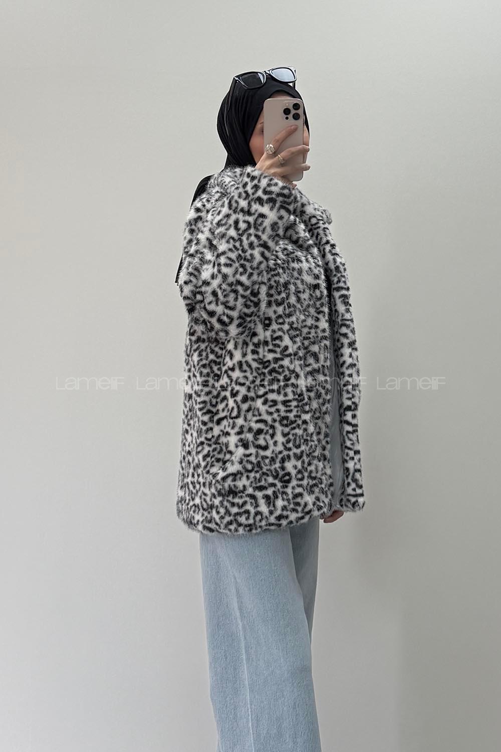 Lamelif Leopar Desenli Kürk Ceket Beyaz