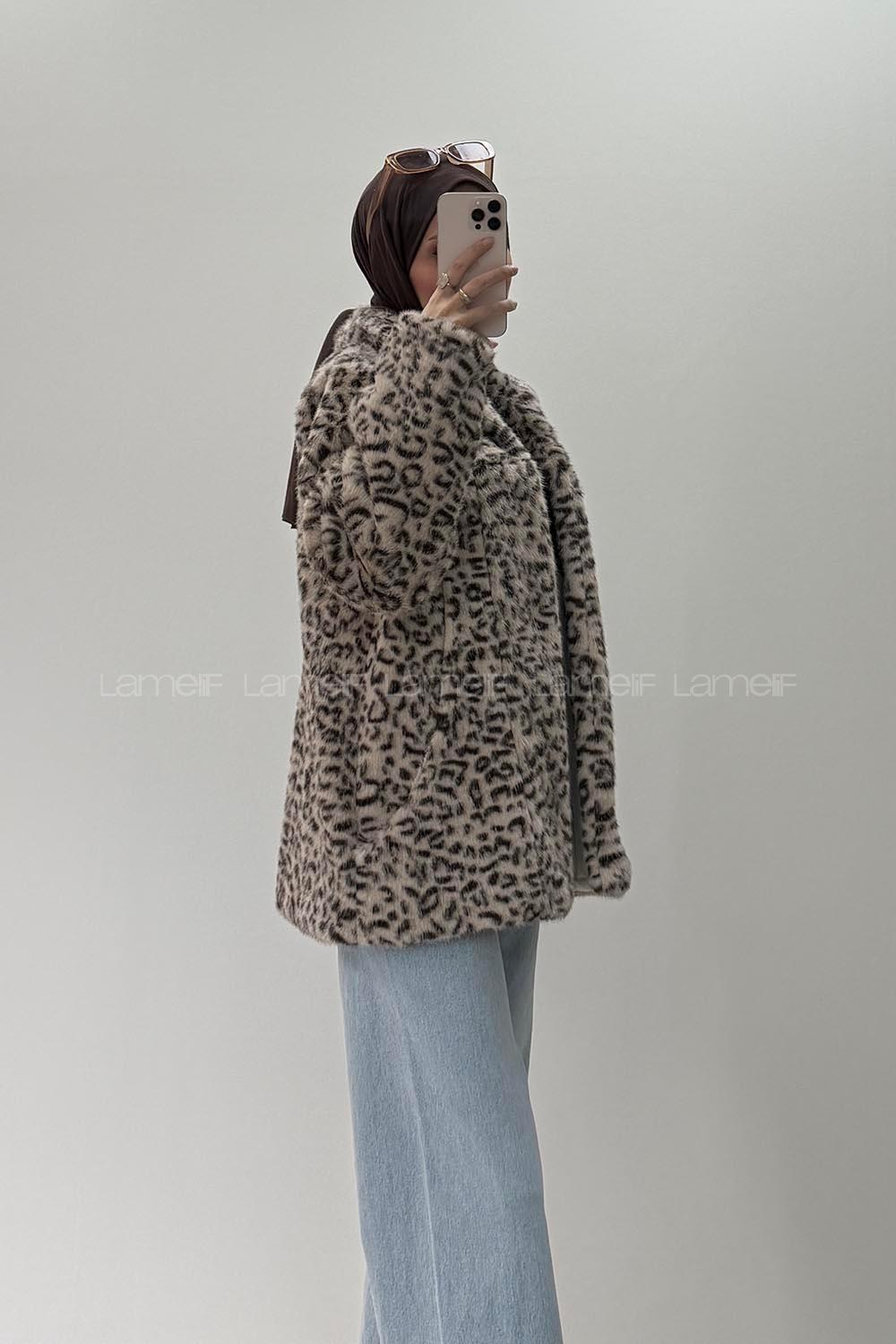 Lamelif Leopar Desenli Kürk Ceket Sütlü Kahve