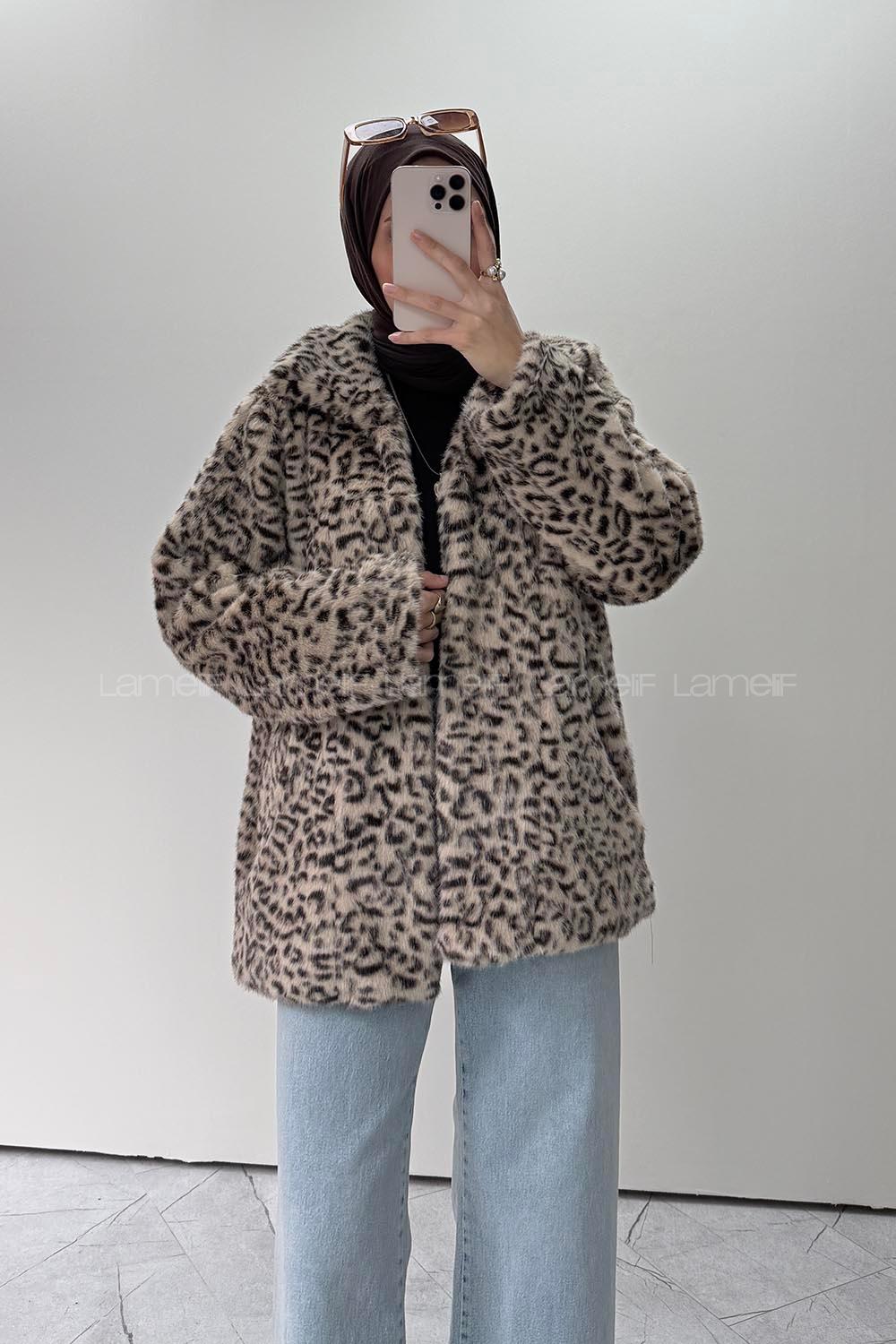 Lamelif Leopar Desenli Kürk Ceket Sütlü Kahve