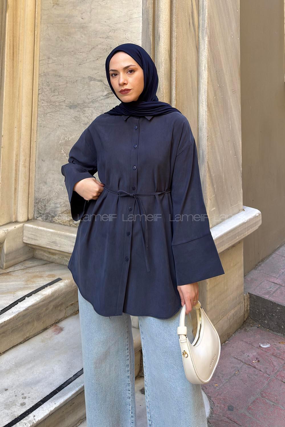 Navy Blue Shirt Collar Long Arm Unprinted Shirt