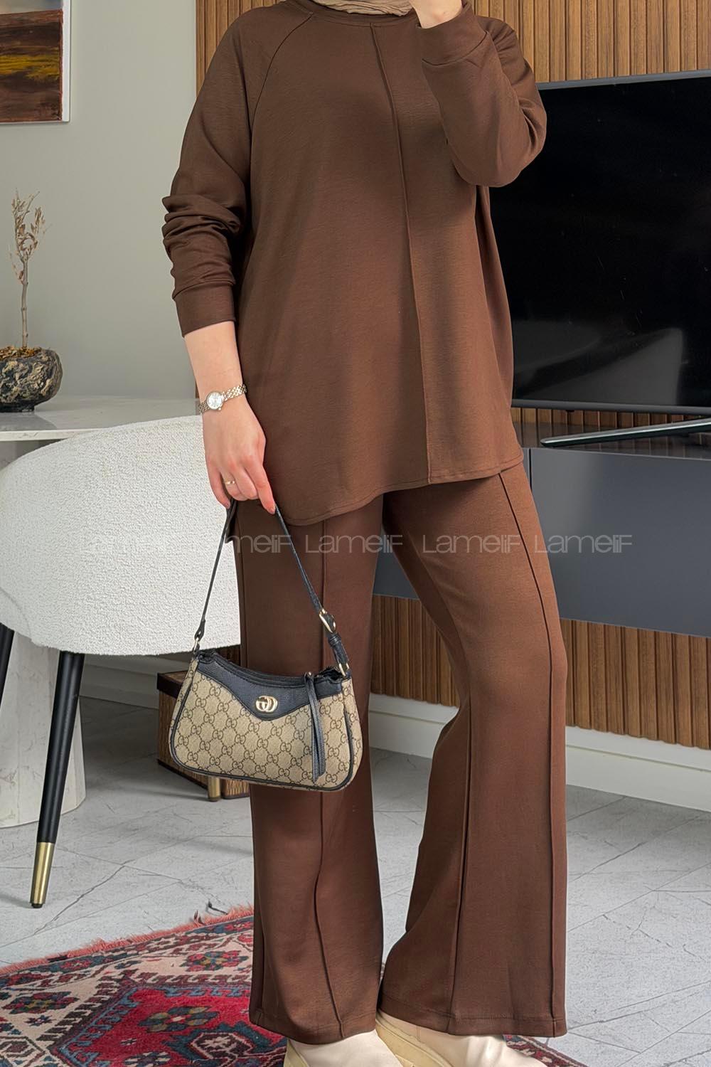 Brown Crew Neck Long Arm Without Accessories Regular Trousers Suit
