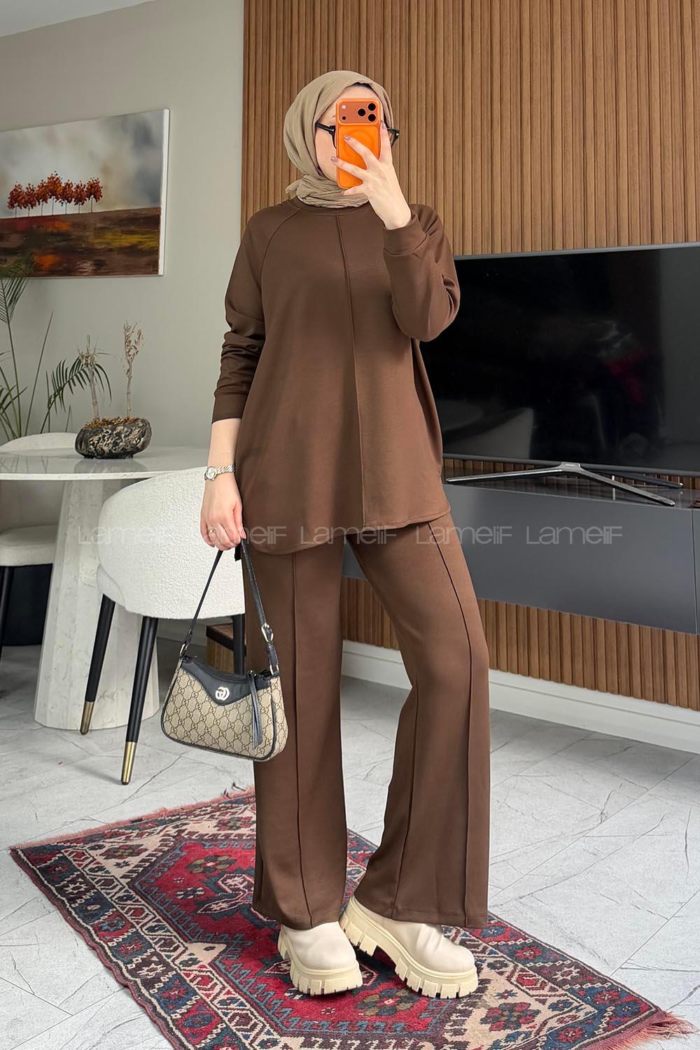 Brown Crew Neck Long Arm Without Accessories Regular Trousers Suit