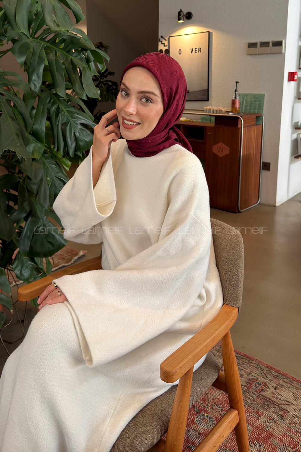 Lamelif CC Desen Ayrobin Floş Jakar Eşarp Bordo