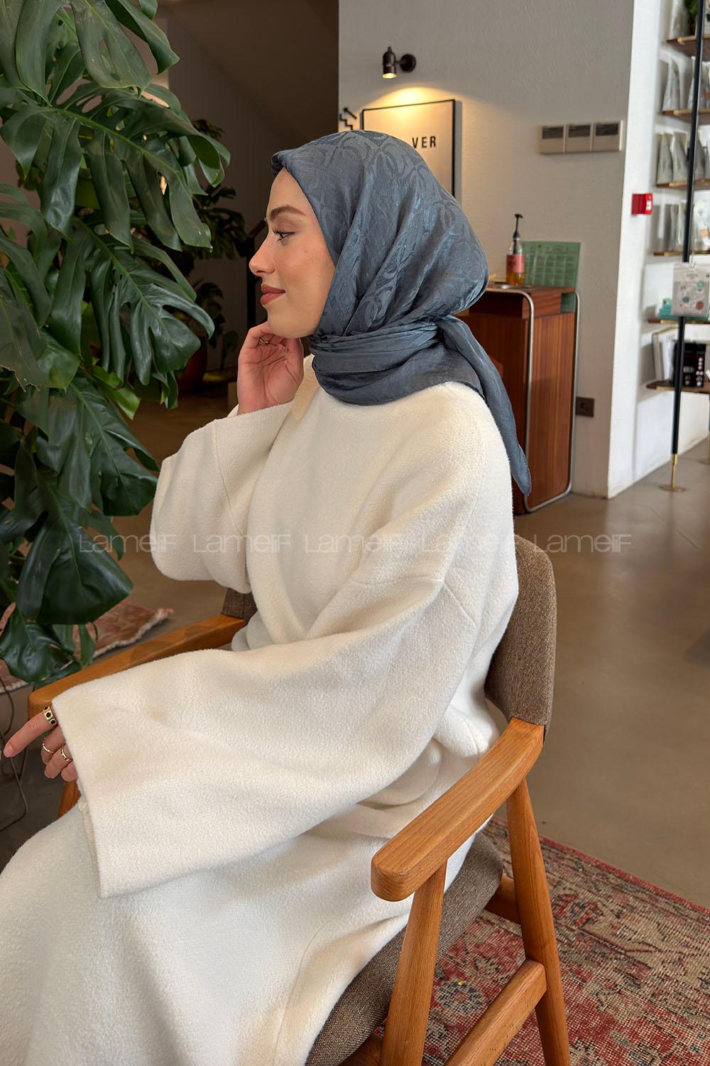 Lamelif CC Desen Ayrobin Floş Jakar Eşarp Metalik Gri