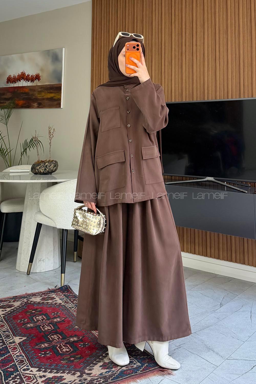 Lamelif Cep Detaylı Düğme Kapamalı Ceket İkili Takım Acı Kahve